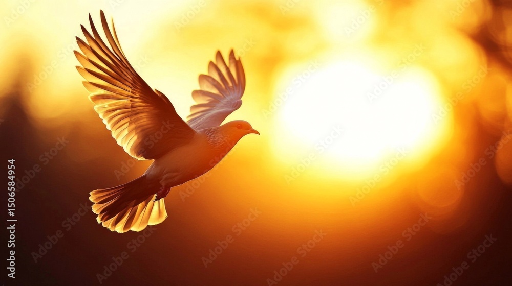 Obraz premium A serene photo of a bird flying close to a sunset or sunrise, with warm, golden hues highlighting the silhouette of the bird and creating a peaceful atmosphere.