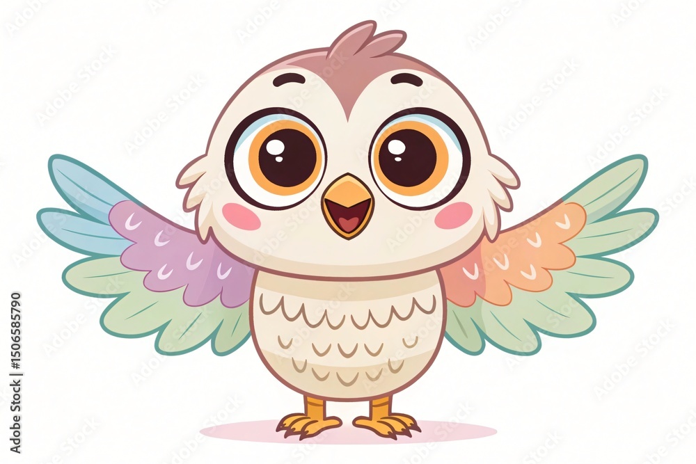 Obraz premium Adorable Pastel Owl with Colorful Wings Cartoon Bird Illustration Cute Baby Animal Design