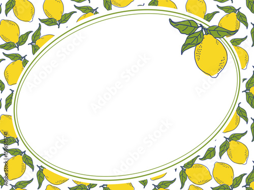 Illustration of a bright lemon border with an empty center. Perfect for adding personalized messages, event announcements or invitations. Lemons and leaves create a fresh and lively base.
