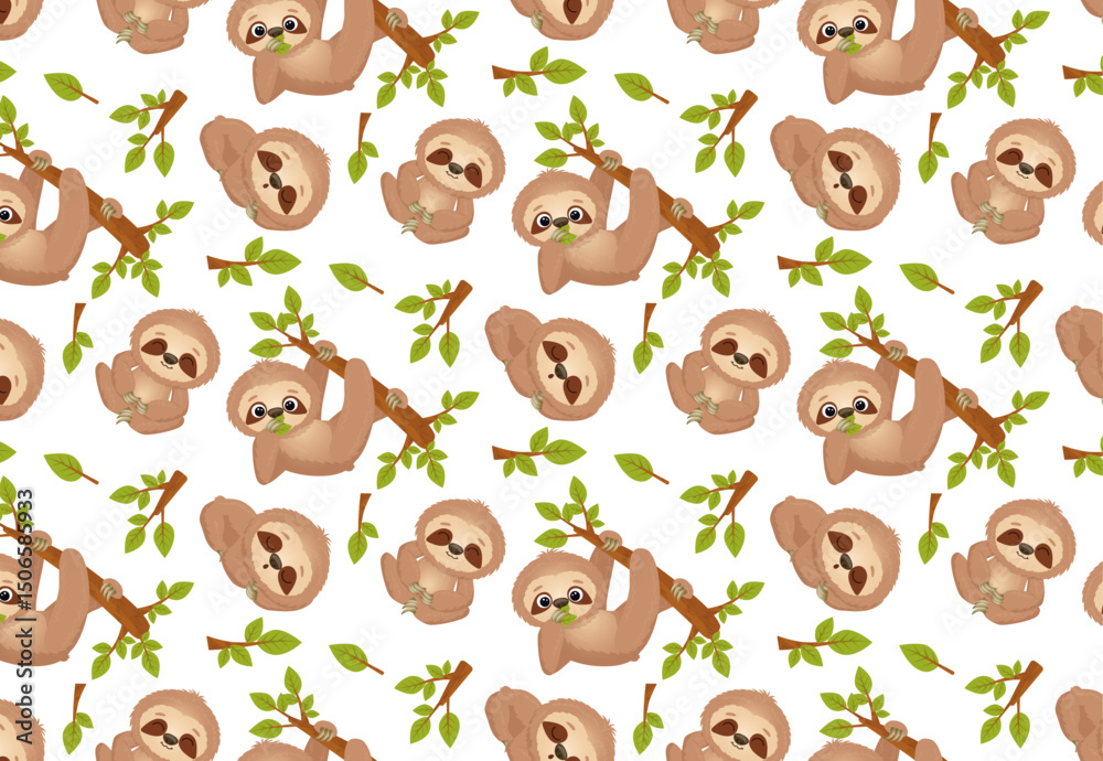 Fototapeta premium Adorable seamless pattern featuring cartoon sloths happily hanging from branches. Perfect for fun designs, wallpapers and fabric prints. The sloths are depicted in a variety of playful poses, adding t