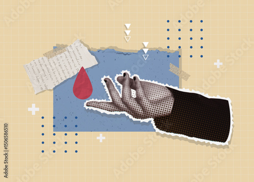 Donation collage with symbolic elements of health and community support. Vector illustration