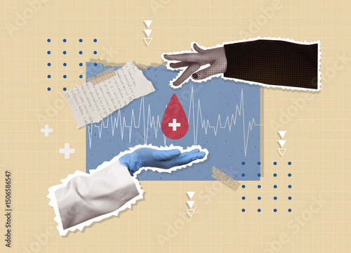 Donation collage highlighting health support and community engagement. Vector illustration
