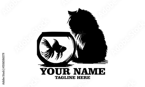 Vintage ragdoll cat staring at fishbowl illustration. ragdoll cat staring at fishbowl vector illustration and ragdoll cat staring at fishbowl logo design