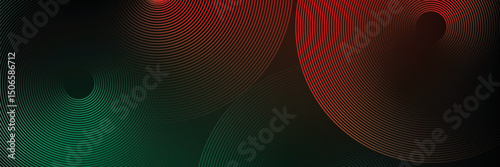 Abstract futuristic technology lines background with red and green light effect. Gradient circle lines pattern. Glowing neon geometric lines. Modern dark banner template design. Vector illustration