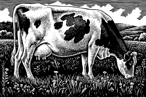 Milk dairy cow black and white isolated hand drawn sketch