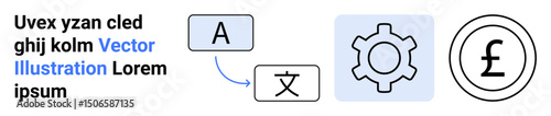 Language translation visualized with alphabet icons, gear for automation, and pound currency. Ideal for technology, business, automation, localization, language learning, apps and simple landing
