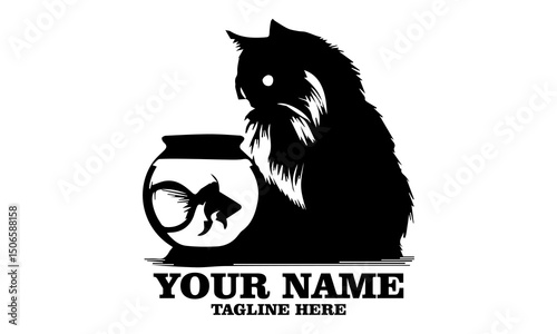 Vintage ragdoll cat staring at fishbowl illustration. ragdoll cat staring at fishbowl vector illustration and ragdoll cat staring at fishbowl logo design