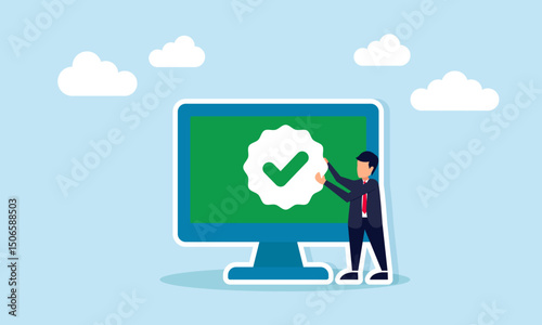 Businessman holding checkmark beside monitor illustrating digital system validation in business