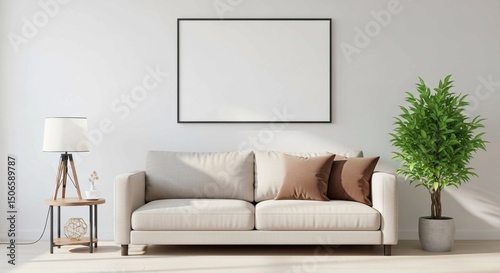 Modern living room with a beige sofa, blank frame, and potted plant.
