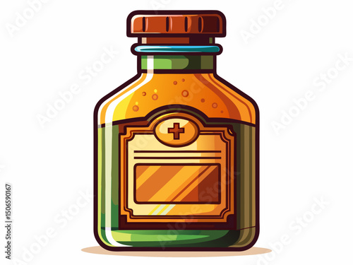 A high-quality vector illustration of a classic pharmacy medicine bottle with a label and amber glass, isolated on a white background