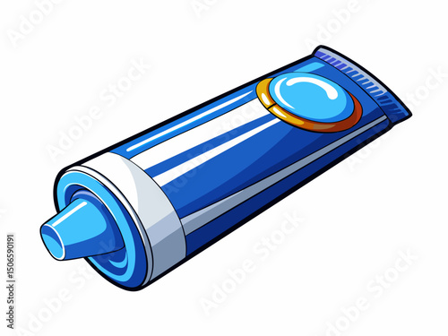A detailed vector illustration of a toothpaste tube with blue and white label, slightly squeezed, isolated on white background