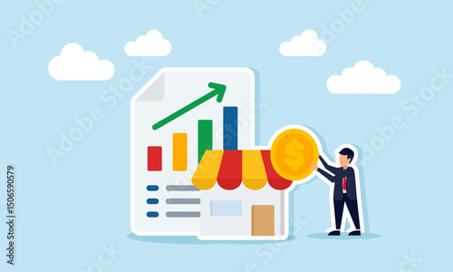 Businessman holding dollar coin beside store and paper with graph data illustration of taking profit from increasing marketplace business sales