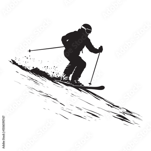 Skier descending a snowy mountain slope minimal black silhouette