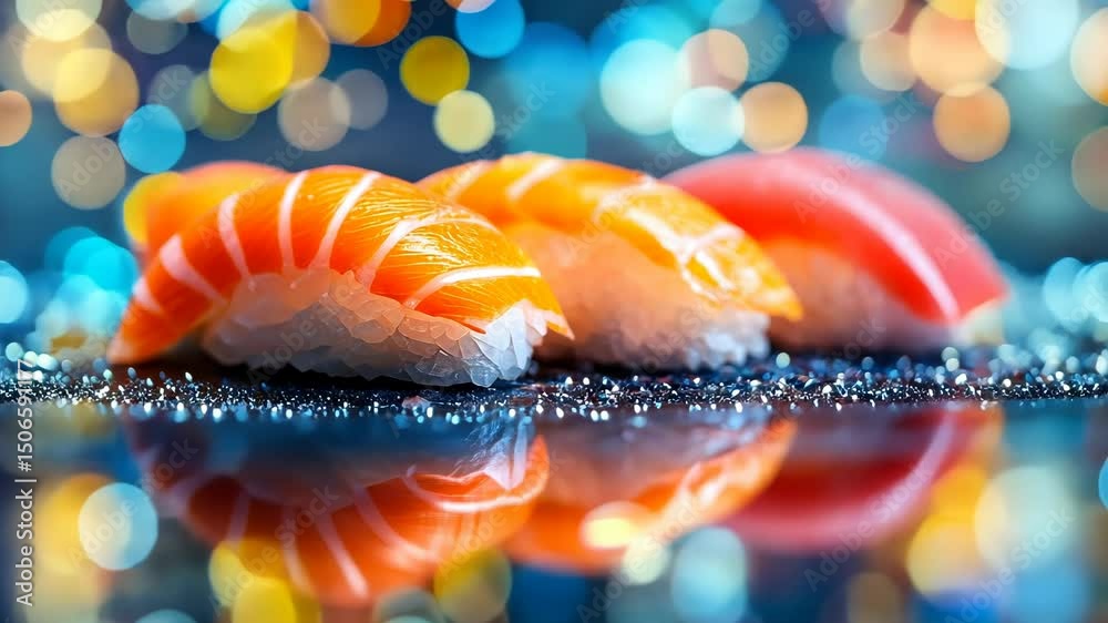 Three nigiri sushi pieces salmon and tuna, glistening on a dark surface with bokeh background