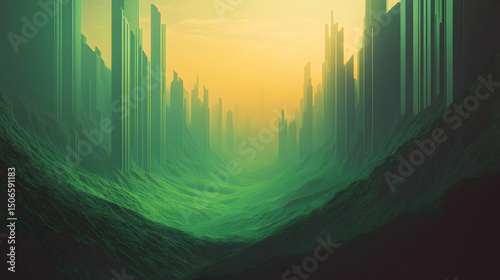 A stylized, futuristic cityscape nestled in a valley of vibrant green.