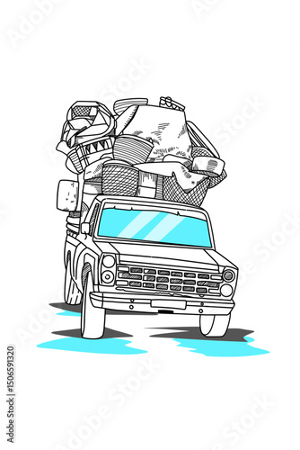 Art line drawing loaded pick up, truck car ilustrastion