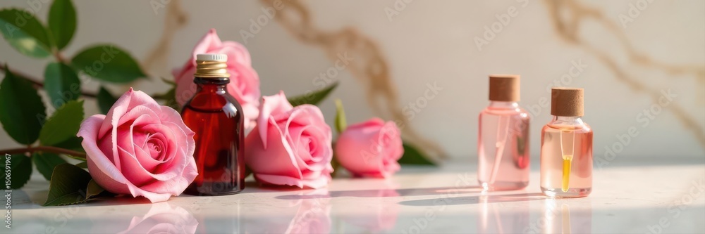 Rose essential oil bottles, flowers, marble Elegant, spa-like setting , wellness, fragrance, product Rose essential oil bottles, flowers, marble Elegant, spa-like setting , wellness, fragrance, product
