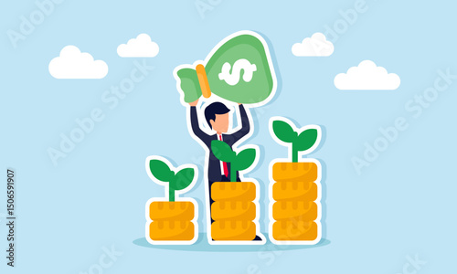 Businessman hold money bag behind graph with stacks of coins and plants on each part of graph illustration of take profit from progress in business financial investment performance