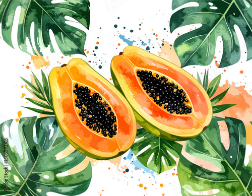 Fresh Papaya Halves Surrounded by Tropical Leaves, Colorful Fruit Illustration, watercolor illustration