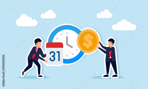 Businessman holding dollar coin and another with calendar standing in front of clock illustrating timeline strategy for time deposit investment