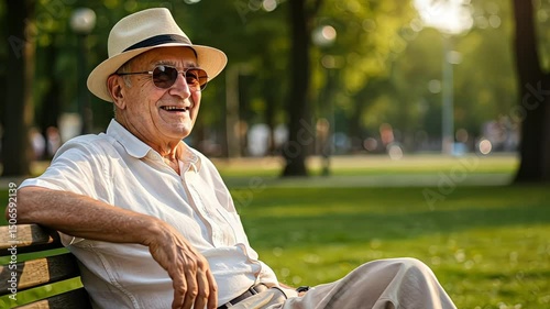 Smiling senior man relaxing on park bench wearing sunglasses
