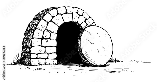 empty tomb with stone biblical line art