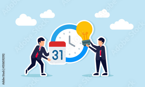 Businessman holding lightbulb and another with calendar standing in front of clock illustrating deadline strategy for implementing business ideas