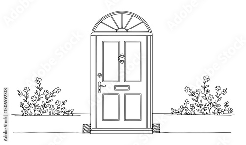 vintage door with plants line drawing