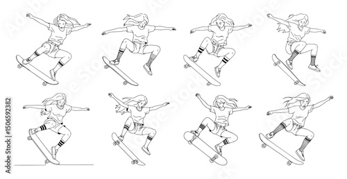 girl skateboarding line illustration set