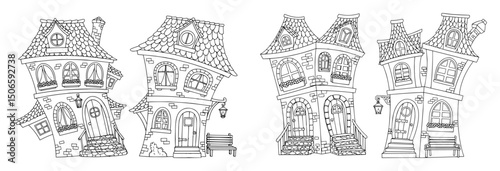 fantasy crooked houses doodle set