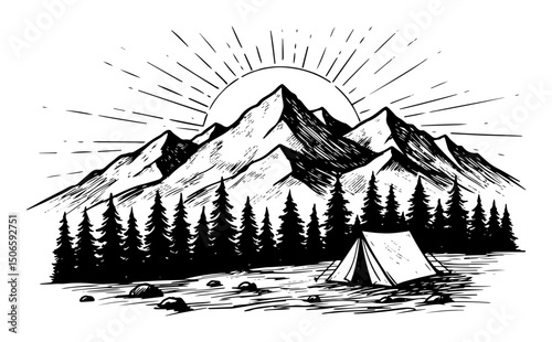mountain camping scene with sunrise