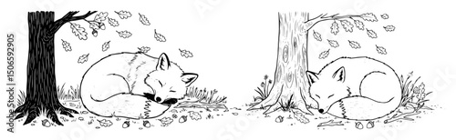 sleeping fox under autumn tree