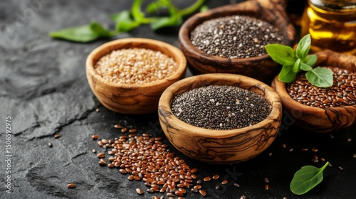 Close-up of chia and flax seeds in small wooden bowls, surrounded by raw ingredients, representing superfood grains for health