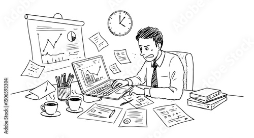 stressed office worker multitasking desk
