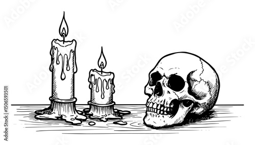 skull and candles with wax drips