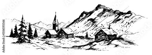 mountain village with church illustration
