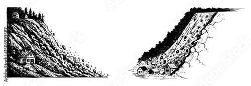 landslide destroying hill village drawing