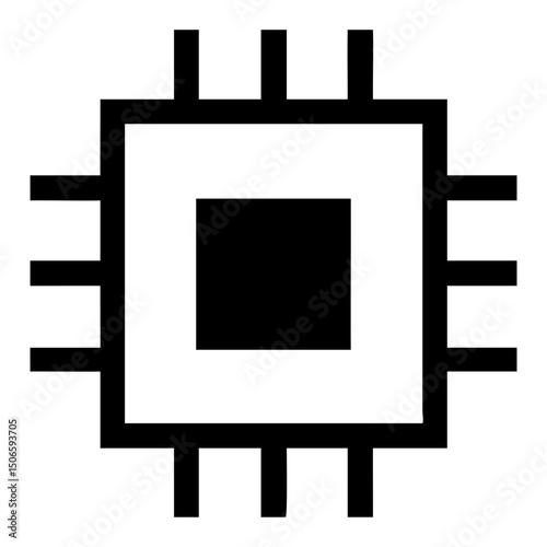 Black and white illustration of a square chip with multiple external connectors on transparent background