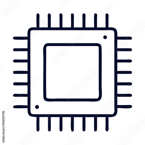 Illustration of a square computer chip with pins on all sides in simple style on transparent background
