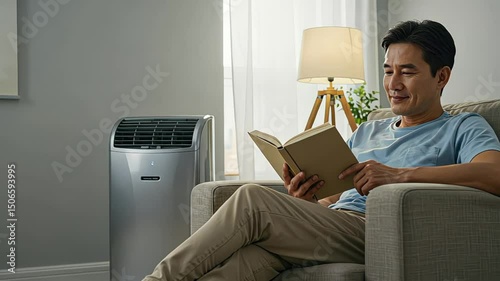 Man relaxing in armchair reading book near portable air conditioner