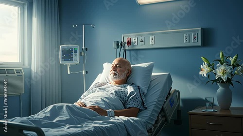 Elderly man resting in a hospital bed with medical equipment nearby