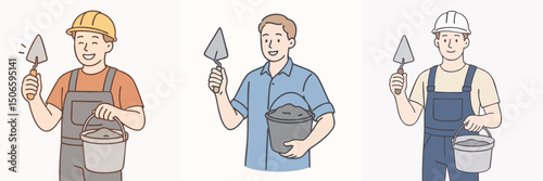 vector illustration collection of a construction worker carrying a bucket of cement and a cement trowel, wearing a jumpsuit and a project hat
