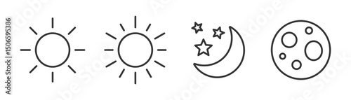 Sun and moon icon set. Day and night. Sun, crescent moon sign and symbol. Editable line width. Vector illustration