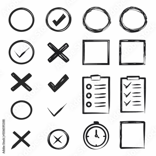 Checklist vector icon set, checkmarks, cross symbols, and clipboard designs vector style. That is perfect for task management, to do lists, forms.