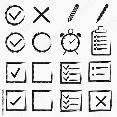 Checklist vector icon set, checkmarks, cross symbols, and clipboard designs vector style. That is perfect for task management, to do lists, forms.