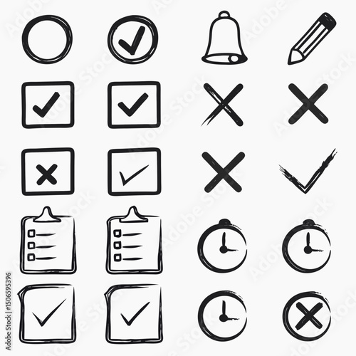 Checklist vector icon set, checkmarks, cross symbols, and clipboard designs vector style. That is perfect for task management, to do lists, forms.