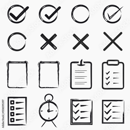Checklist vector icon set, checkmarks, cross symbols, and clipboard designs vector style. That is perfect for task management, to do lists, forms.