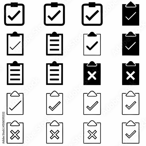 Checklist vector icon set, checkmarks, cross symbols, and clipboard designs vector style. That is perfect for task management, to do lists, forms.