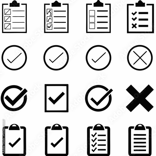 Checklist vector icon set, checkmarks, cross symbols, and clipboard designs vector style. That is perfect for task management, to do lists, forms.