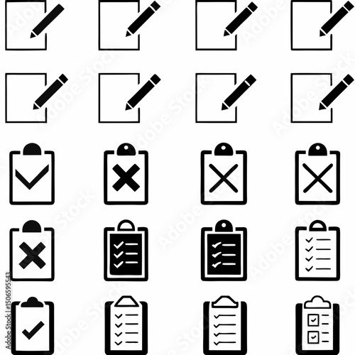 Checklist vector icon set, checkmarks, cross symbols, and clipboard designs vector style. That is perfect for task management, to do lists, forms.